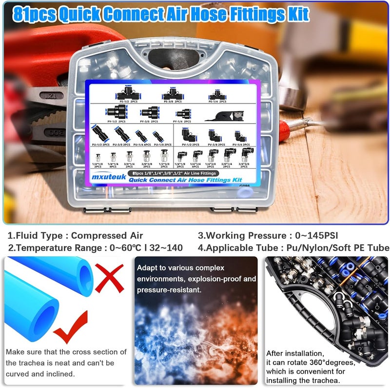 mxuteuk طقم توصيل سريع لخرطوم الهواء 81 قطعة، 1/8"، 1/4"، 3/8"، 1/2" توصيل دفع، توصيلات سريعة لخط الهواء، طقم هوائي للإفراج السريع - Image 4